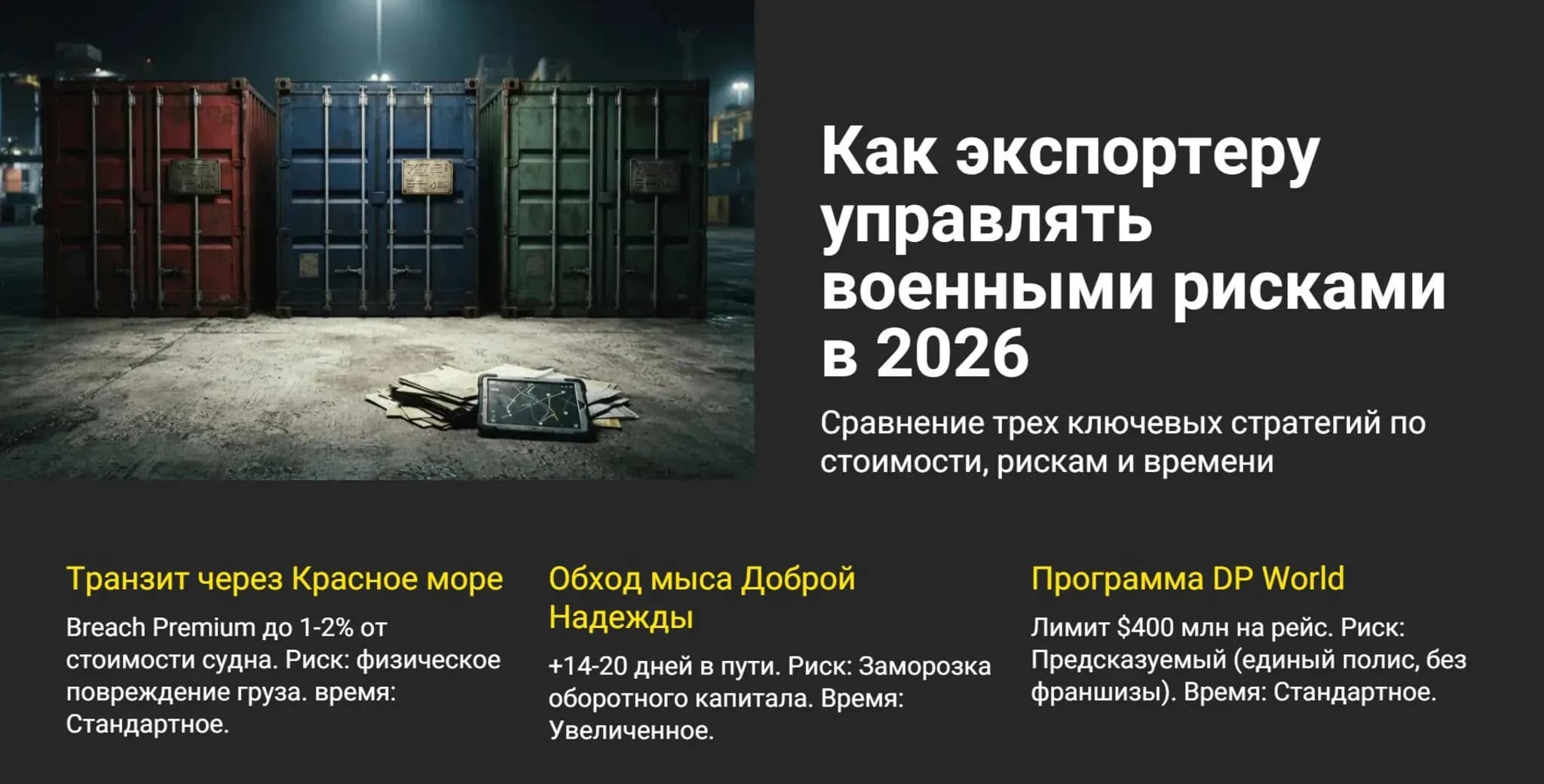 Страхование военных рисков ВЭД Инфографика трех стратегий управления военными рисками: транзит через Красное море (Breach Premium до 2%), обход мыса Доброй Надежды (+14-20 дней), программа DP World ($400 млн покрытия)