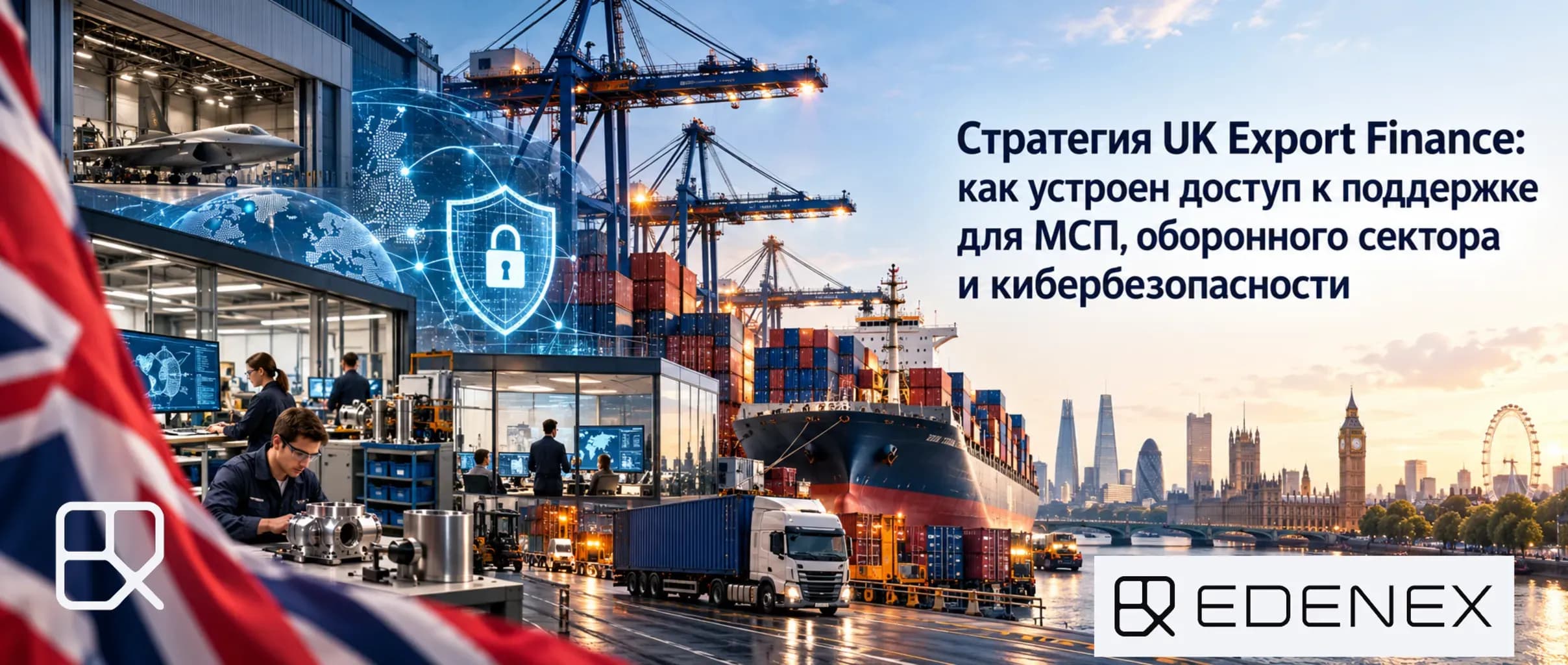 Схема трёх приоритетов UKEF — поддержка МСП, оборонный экспорт и кибербезопасность — с указанием продуктов и ограничений доступа.