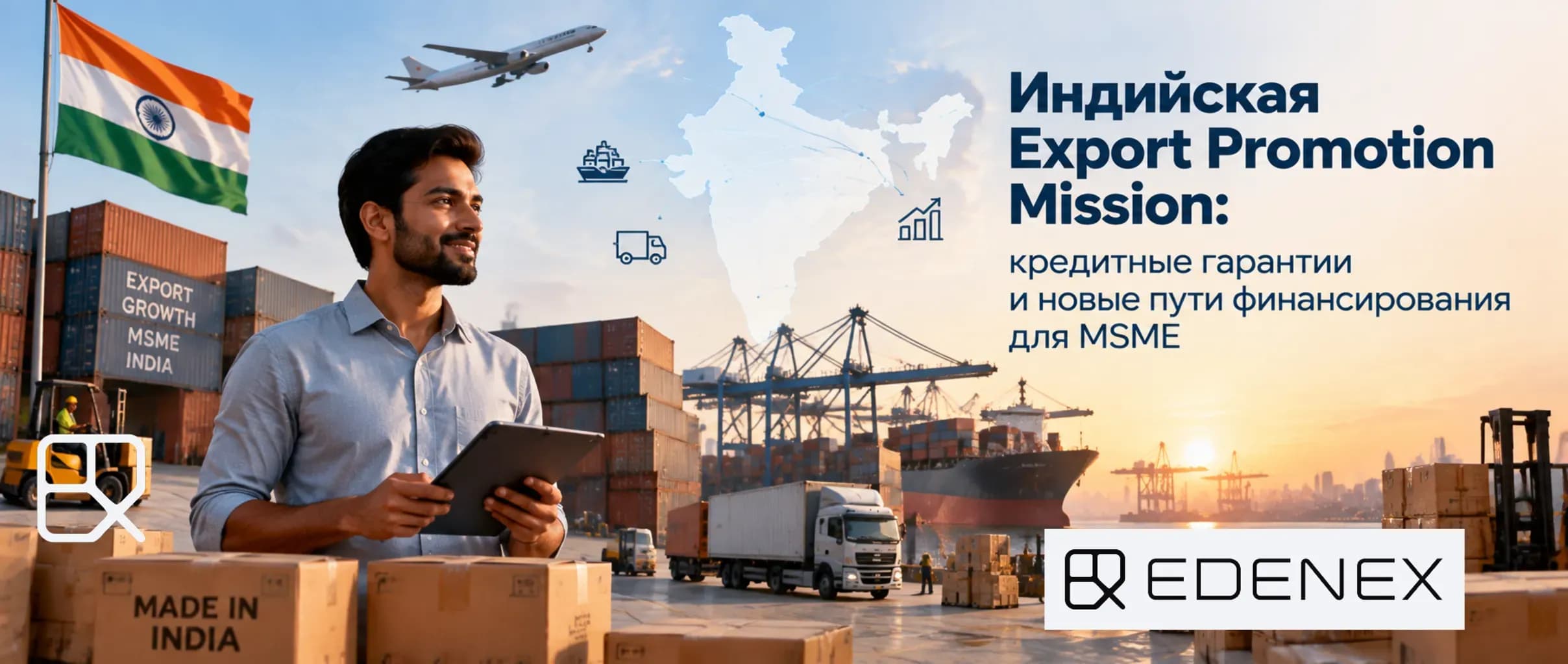 Индийская Export Promotion Mission Обложка статьи об индийской Export Promotion Mission и кредитных гарантиях для MSME: государственная поддержка экспорта, токенизация инвойсов и доступ к альтернативной ликвидности.