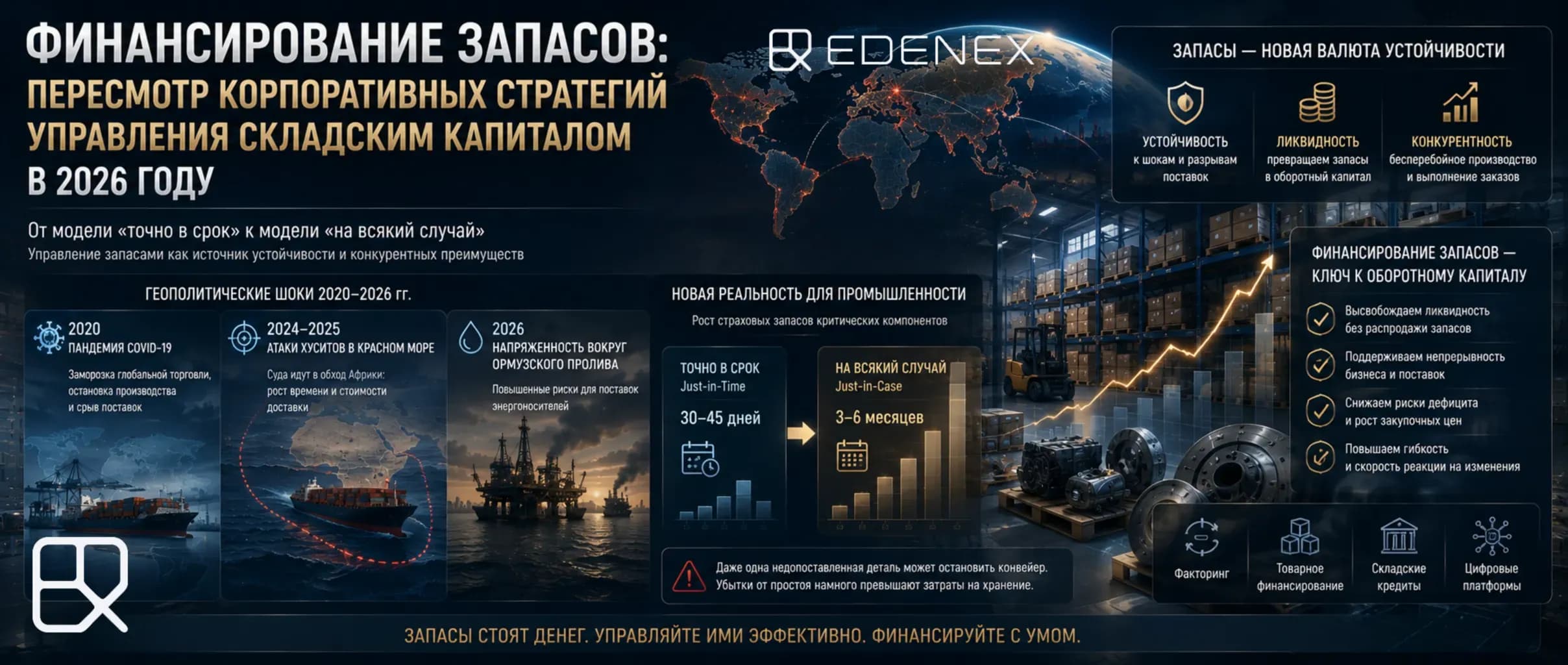 Статья о финансировании складских запасов в 2026 году: стратегии управления замороженным капиталом, токенизация RWA, IoT-мониторинг, внебалансовое финансирование и высвобождение ликвидности.