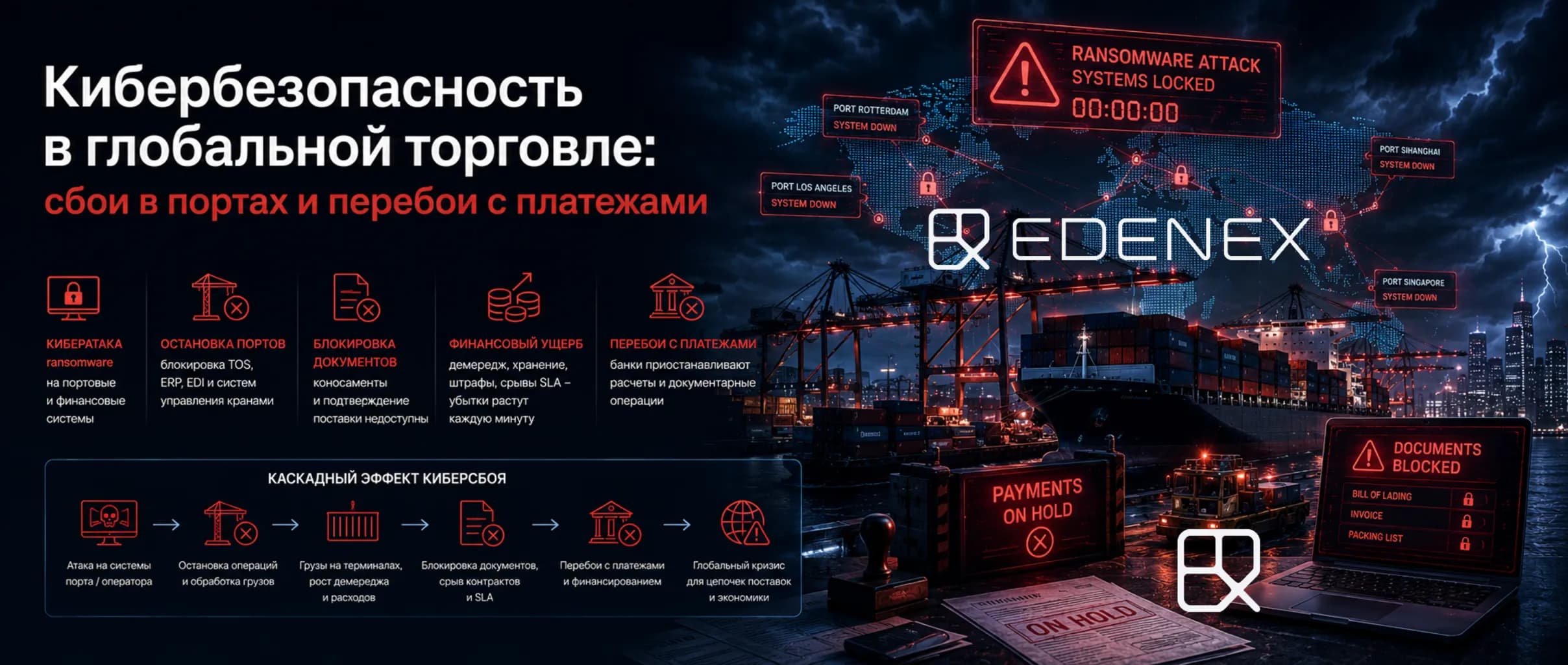 В результате исполнение контрактных обязательств перед партнерами становится попросту невозможным. Остановка автоматизированных кранов и полная изоляция портовой сети запускают каскадный эффект.