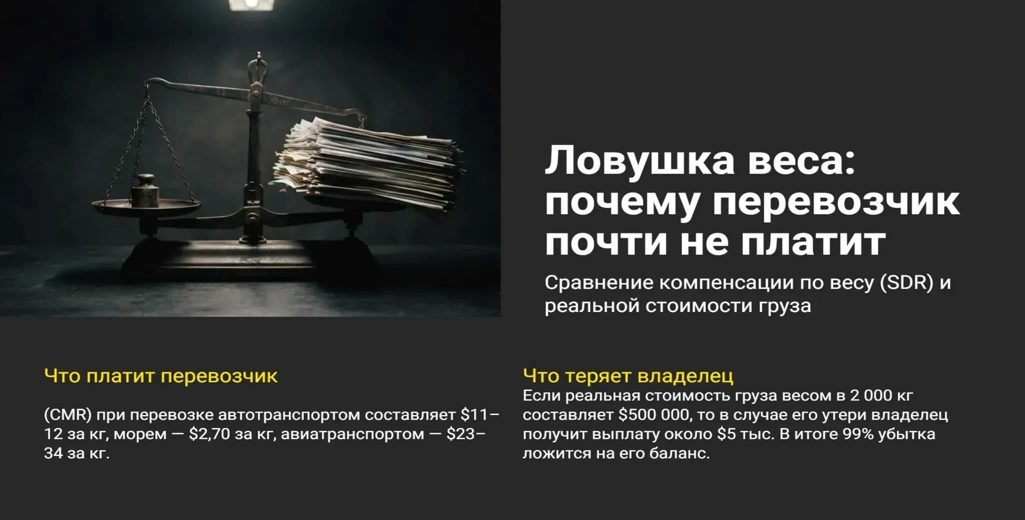 Читать ещё... Инфографика сравнения компенсации перевозчика по весу (SDR) и реальной стоимости груза: разница до 99% убытка.