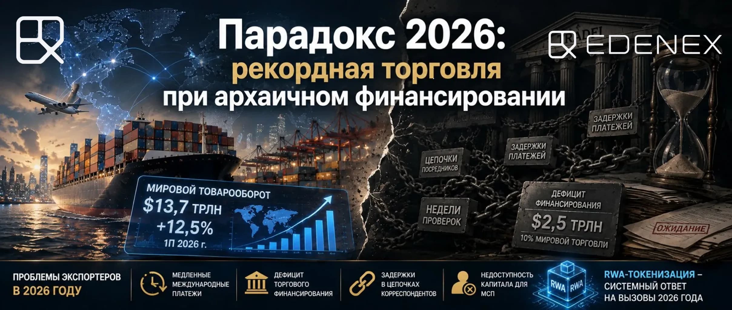 Парадокс мировой торговли 2026 года: рекордный товарооборот на фоне дефицита финансирования $2,5 трлн и токенизация RWA как системное решение для ВЭД.
