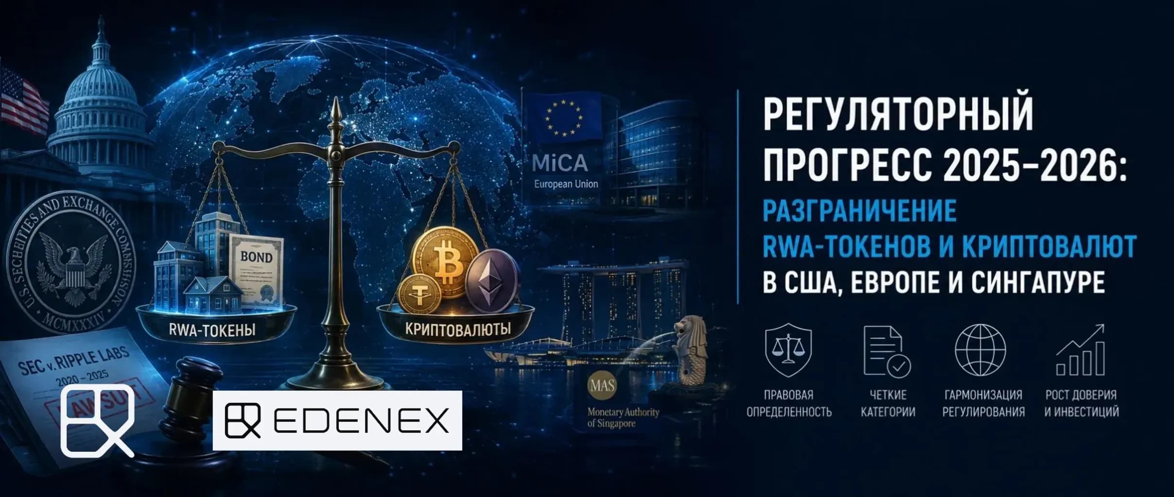 Регуляторный прогресс 2025–2026 Обложка статьи о регуляторном статусе RWA-токенов и криптовалют в США, Европе и Сингапуре: MiCA, SEC, MAS, правовой анализ и требования комплаенса.