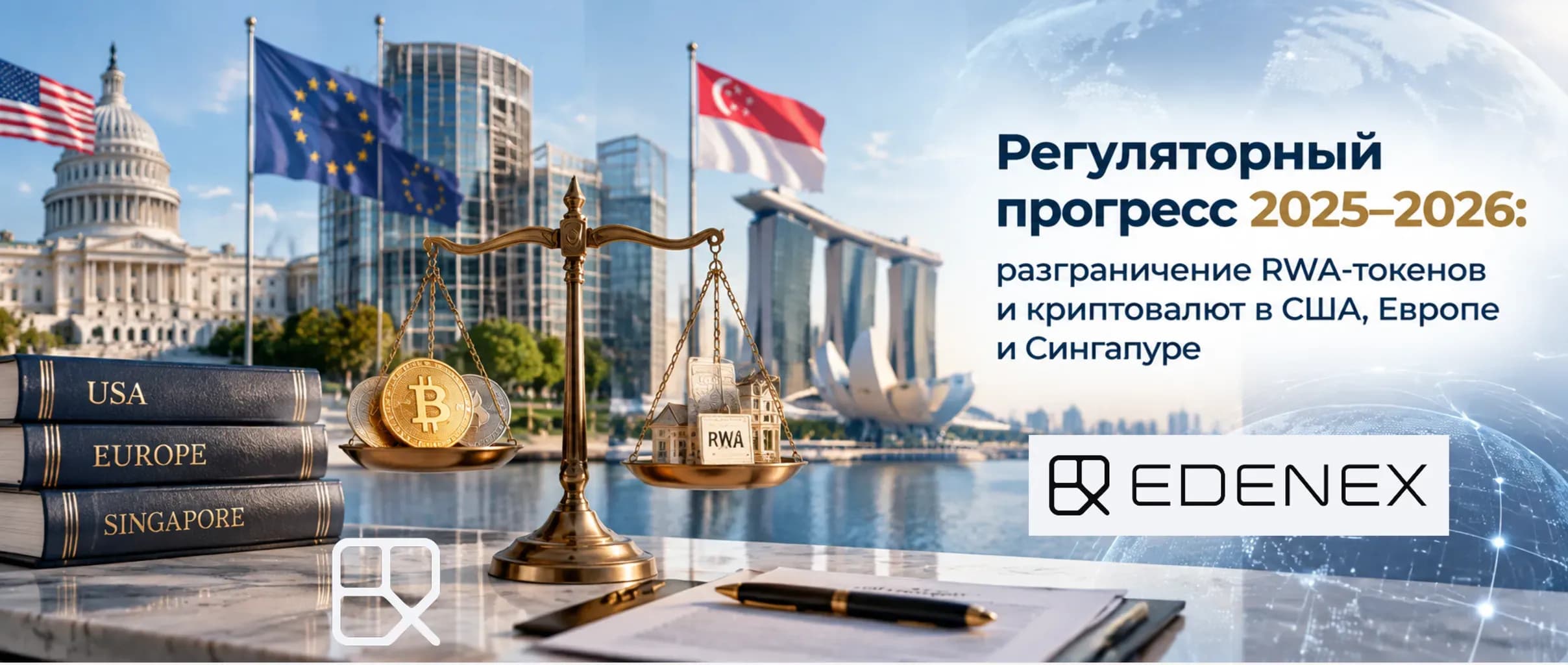 Регуляторный прогресс 2025–2026 Обложка статьи о регуляторном статусе RWA-токенов и криптовалют в США, Европе и Сингапуре: MiCA, SEC, MAS, правовой анализ и требования комплаенса.