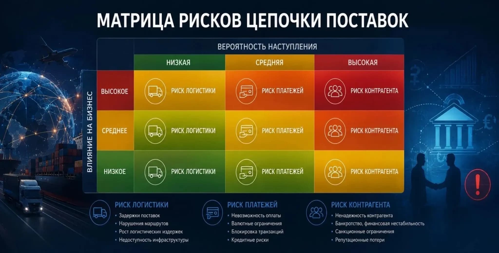 Матрица рисков цепочки поставок Вероятность наступления рисков и влияние на бизнес - основные показатели матрицы рисков цепочки поставок.